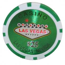 Bundle of 25 green Las Vegas Casino poker chips